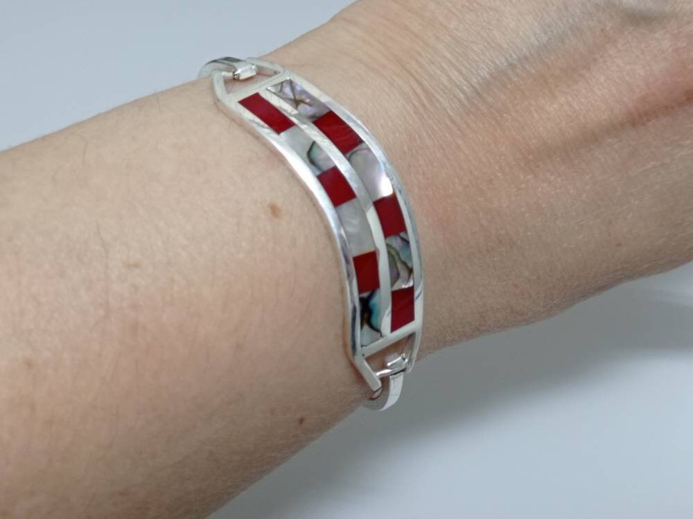 Handmade Taxco Silver Plated Cuff Bracelet – Abalone Shell, Red Resin Inlay Southwestern Jewelry