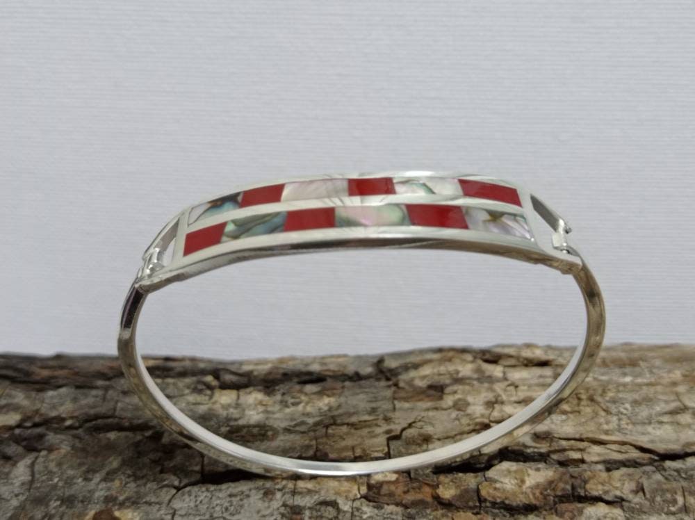 Handmade Taxco Silver Plated Cuff Bracelet – Abalone Shell, Red Resin Inlay Southwestern Jewelry