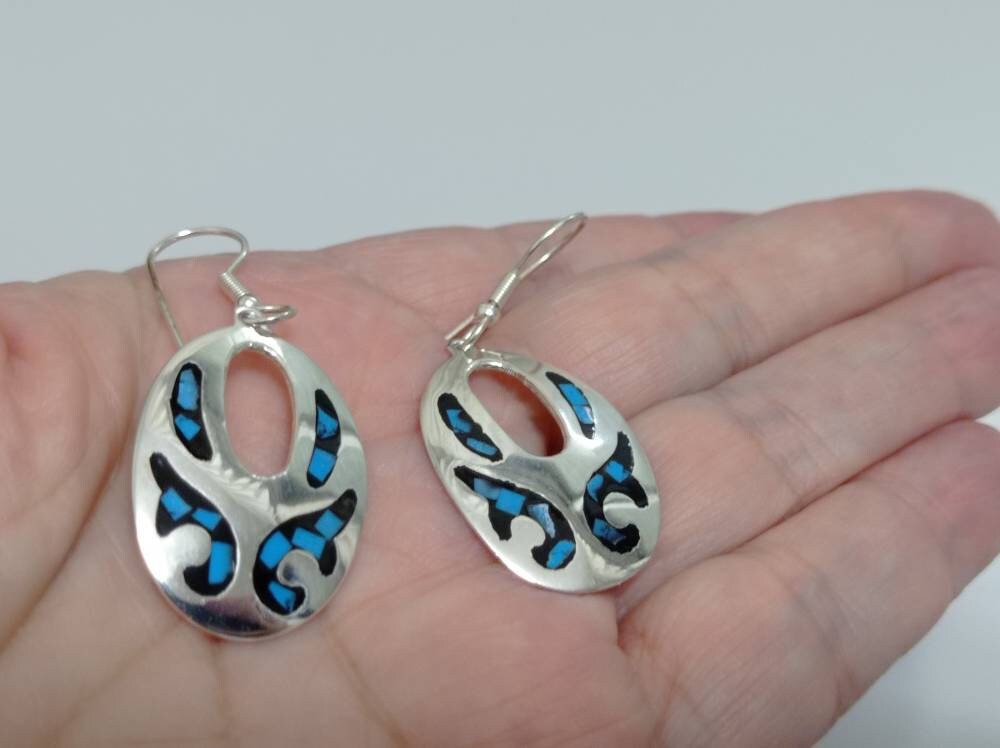 Silver Plated Turquoise Chip Inlay Earrings, Handmade Taxco Azteca Style Geometric Design