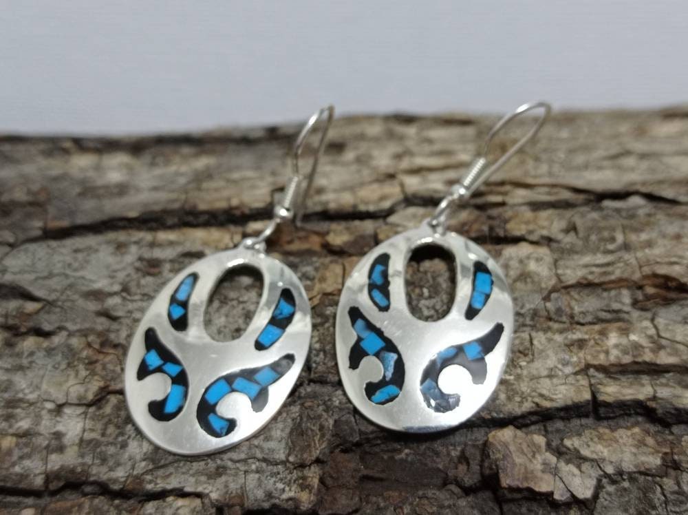Silver Plated Turquoise Chip Inlay Earrings, Handmade Taxco Azteca Style Geometric Design