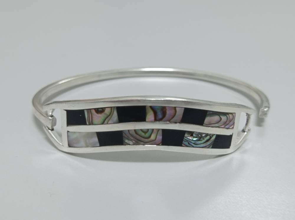 Unique Handcrafted Silver Plated Mexican Bracelet with Abalone Mosaic Design & Resin Insets