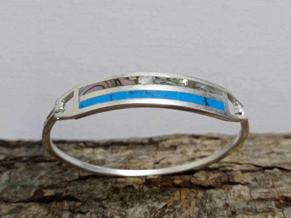 Exquisite Silver Plated Mexican Bangle with Turquoise Abalone Inlay - Handcrafted Artisan Bracelet from Taxco