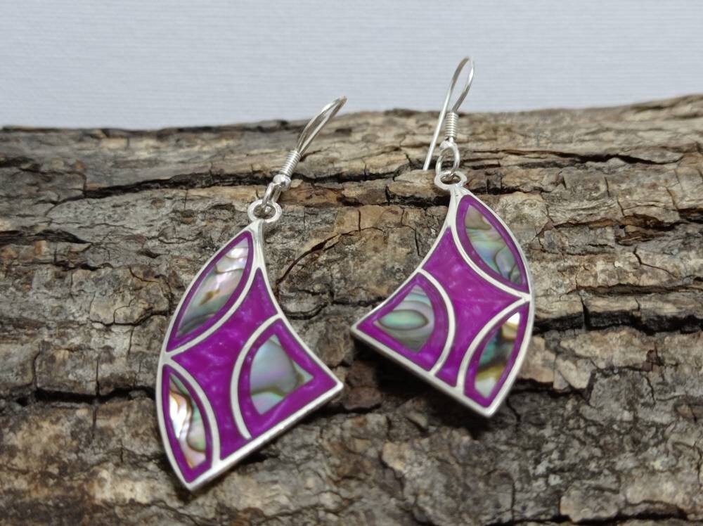 Exquisite Silver Plated Bougainvillea Resin Dangle Earrings with Mexican Abalone Inlay