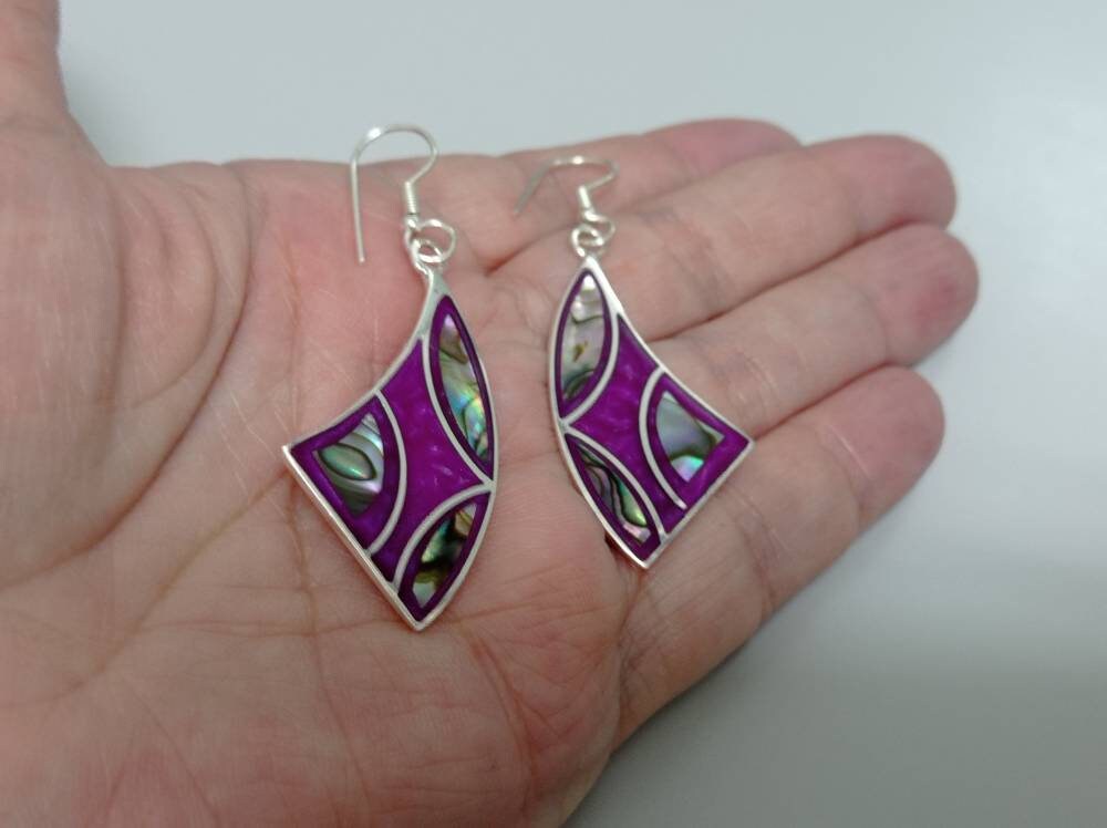 Exquisite Silver Plated Bougainvillea Resin Dangle Earrings with Mexican Abalone Inlay