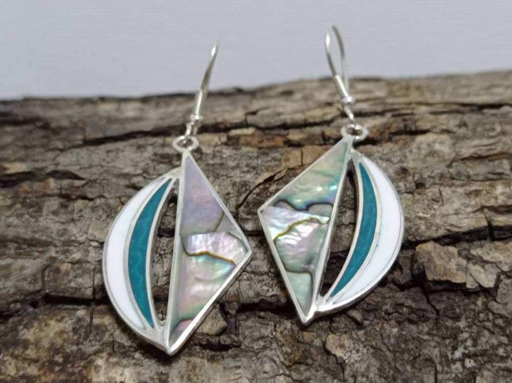 Handmade Silver Plated Abalone Earrings with Enamel Effect Resin - Bohochic Mexican Jewelry from Taxco
