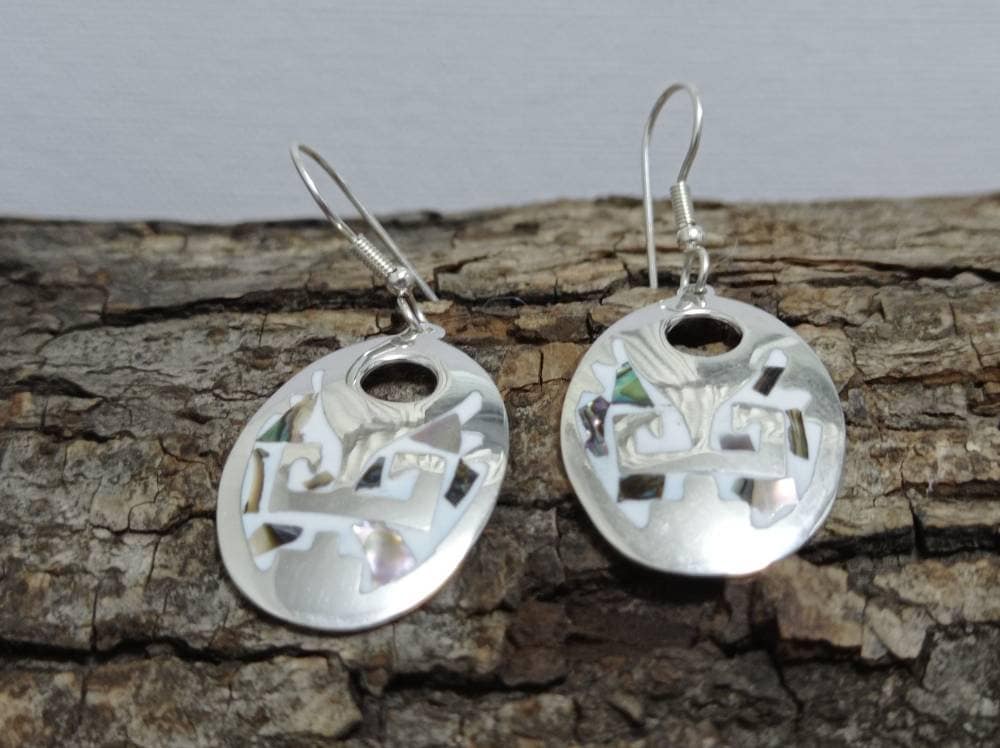Silver Plated Abalone Inlay Aztec Earrings, Handcrafted Mexican Jewelry, Enamel Resin