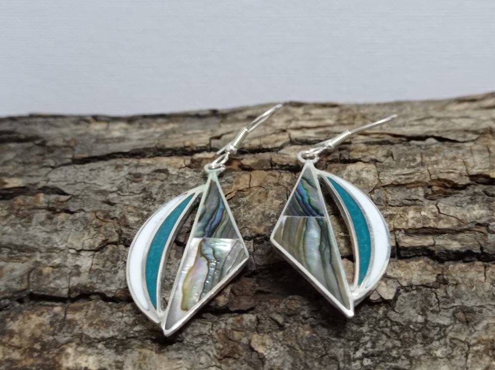Handmade Abalone Moon Earrings: Silver Plated Taxco Boho Jewelry Enamel Effect