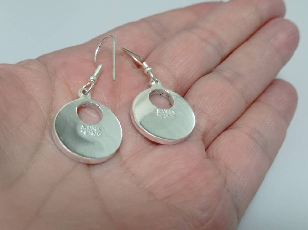 Taxco Silver Hoop Earrings – Turquoise, Malachite Inlay, Boho Chic Style