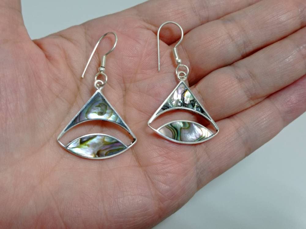 Mexican Artisan Silver Plated Abalone Shell Earrings: Boho Jewelry Handmade in Taxco