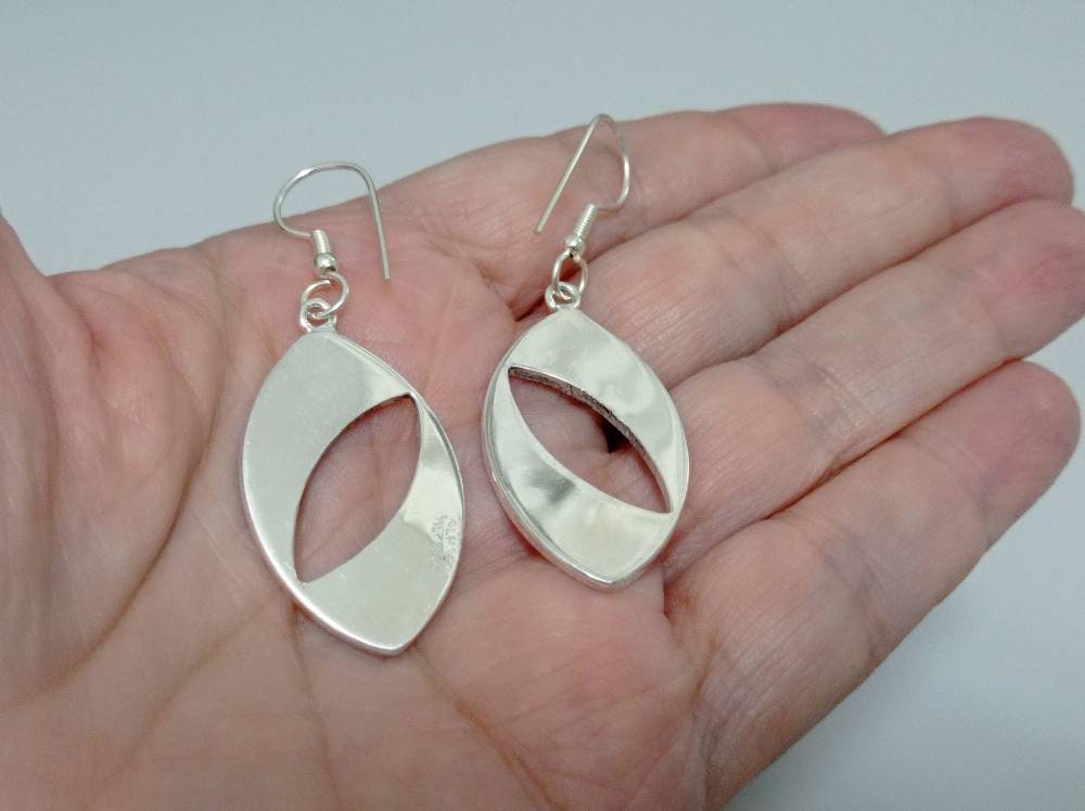 Handcrafted Mother of Pearl Silver Plated Earrings, Taxco Mexico Boho Chic Artisan Design