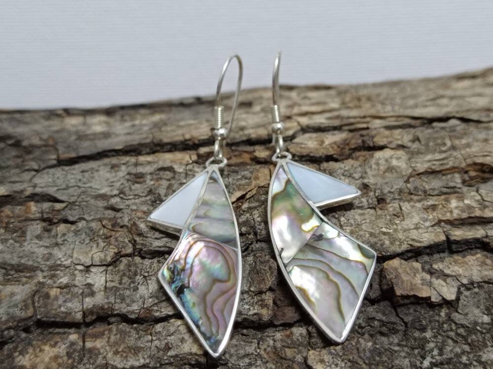 Silver Plated Abalone Earrings - Mexican Artisan Bohochic Geometric Jewelry