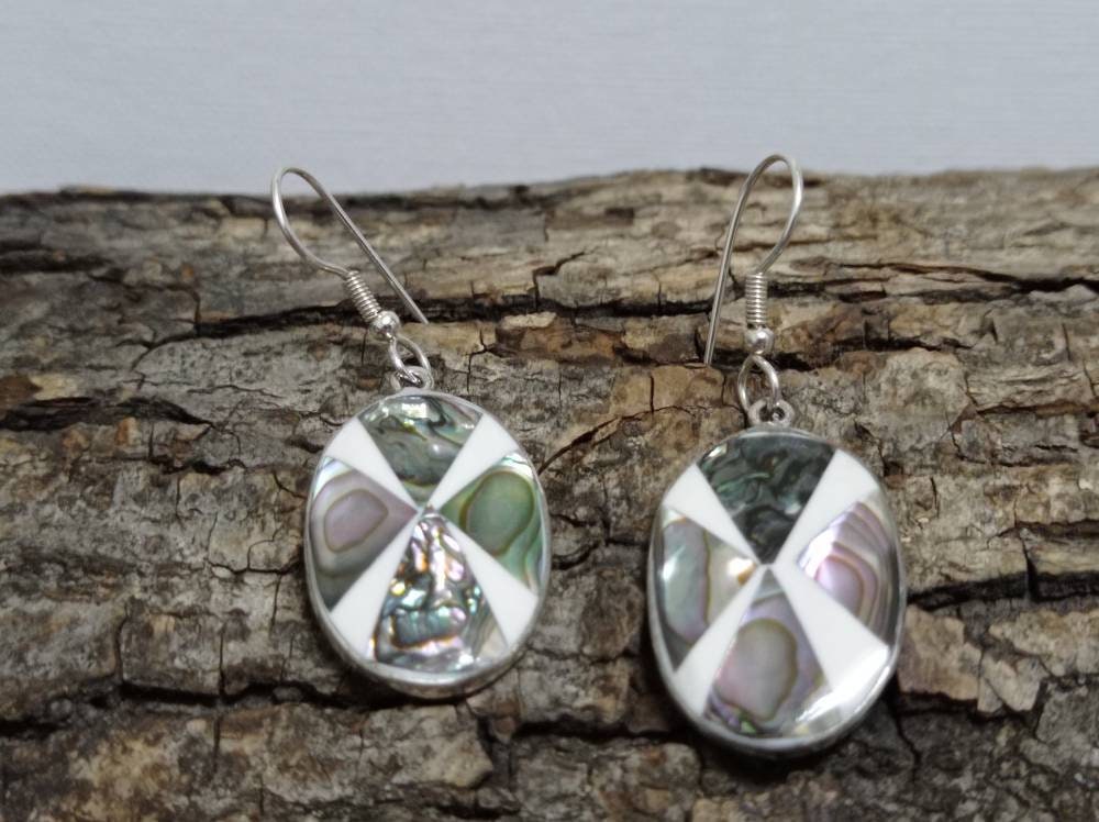 Mexican Artisan Silver Plated Abalone Inlay Geometric Earrings, Enamel Effect Shell Boho Drops