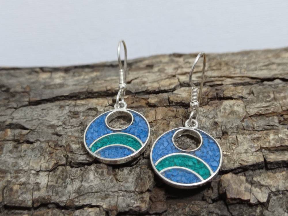 Mexican Silver Plated Turquoise & Malachite Hoop Earrings - Unique Boho Chic Jewelry from Taxco