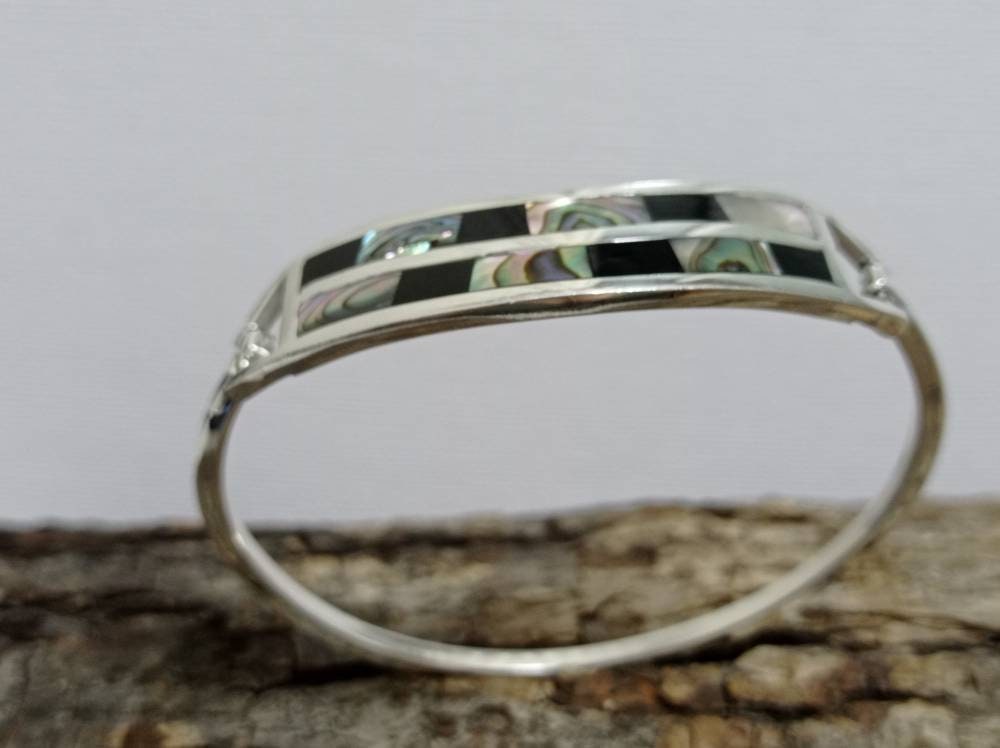 Unique Handcrafted Silver Plated Mexican Bracelet with Abalone Mosaic Design & Resin Insets