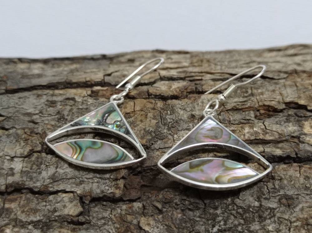 Mexican Artisan Silver Plated Abalone Shell Earrings: Boho Jewelry Handmade in Taxco