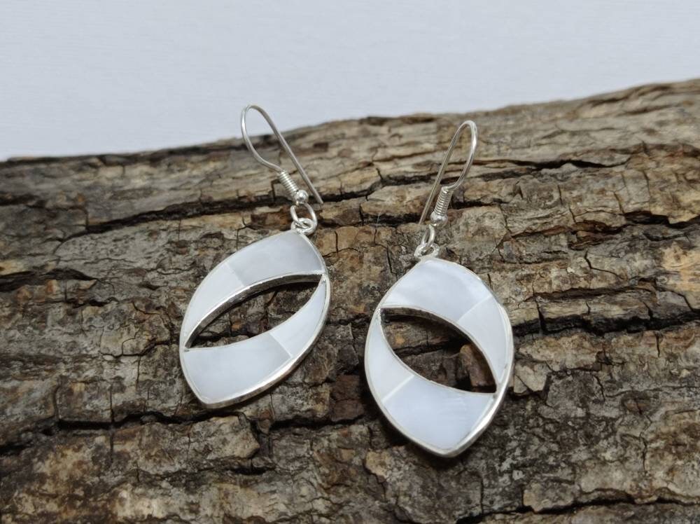 Handcrafted Mother of Pearl Silver Plated Earrings, Taxco Mexico Boho Chic Artisan Design