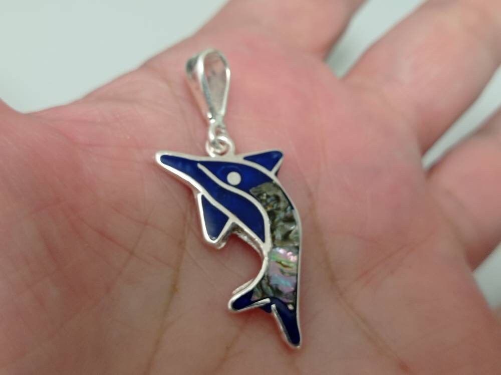 Silver Plated Abalone Dolphin Pendant – Blue Enamel Boho Chic Jewelry