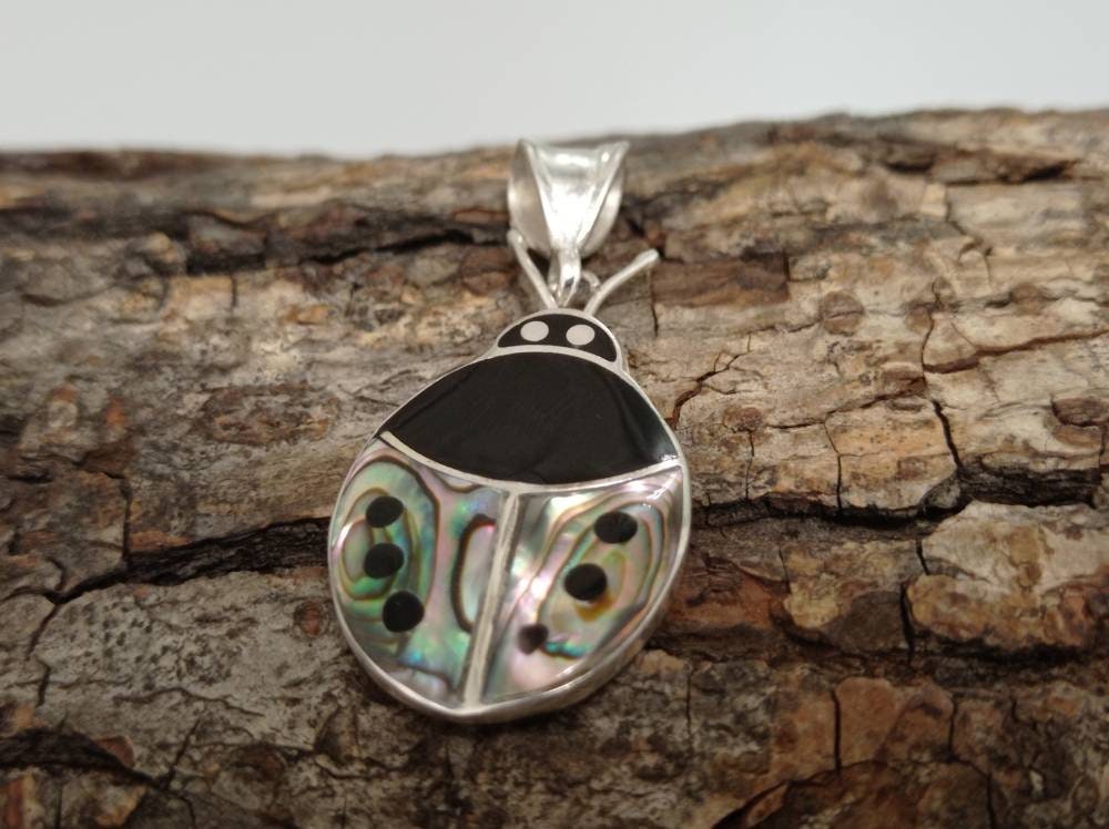 Silver Plated Abalone Ladybug Pendant – Mexican Artisan Boho Chic Jewelry