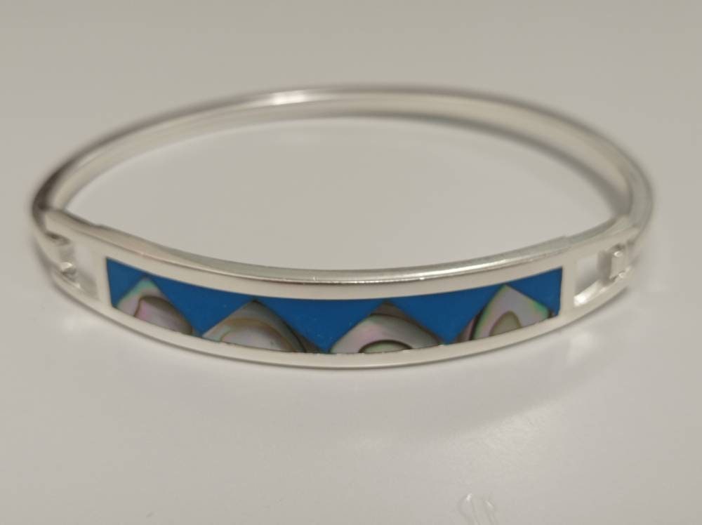 Silver Plated Abalone Geometric Blue Enamel Resin Bracelet, Taxco Mexico Boho Chic