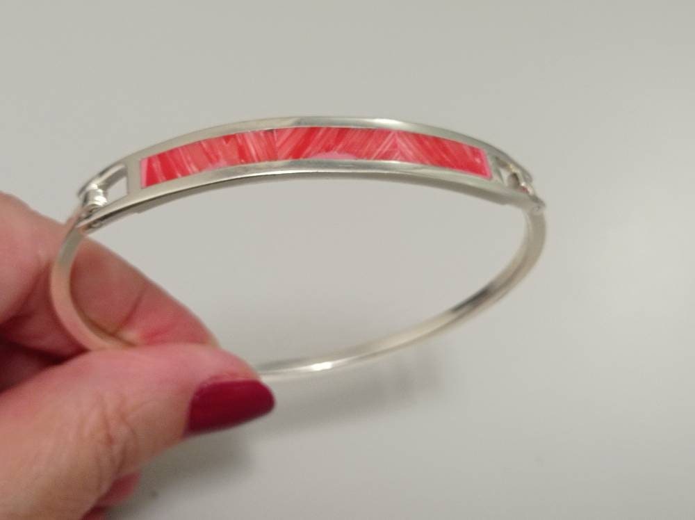 Mexican Artisan Silver Plated Salmon Enamel Boho Cuff Bracelet Unique Handmade Jewelry