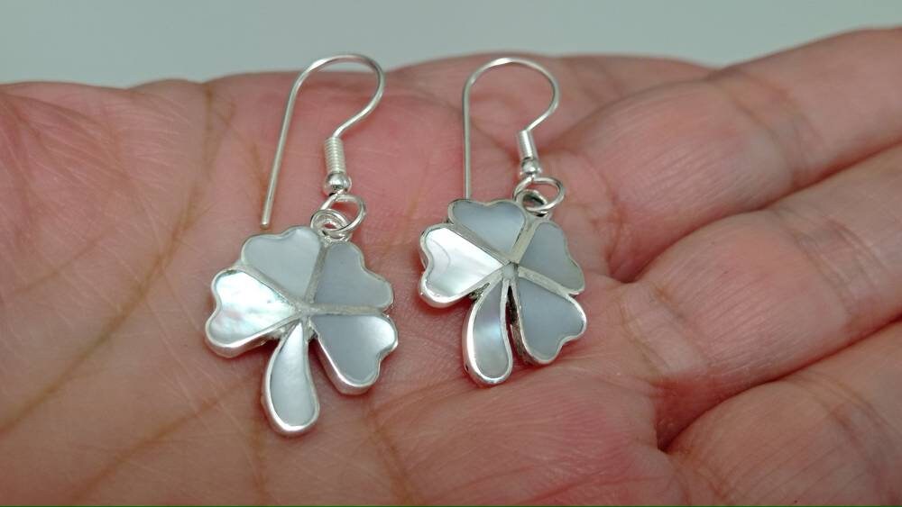 Handcrafted Silver Plated Floral Mother of Pearl Earrings from Mexico