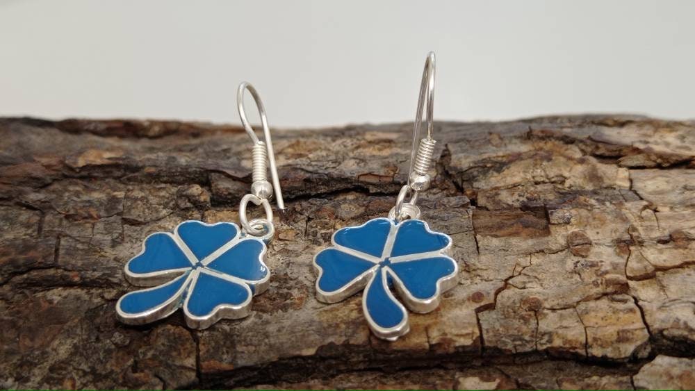 Silver Plated Blue Enamel Floral Clover Earrings, Taxco Boho Chic Style