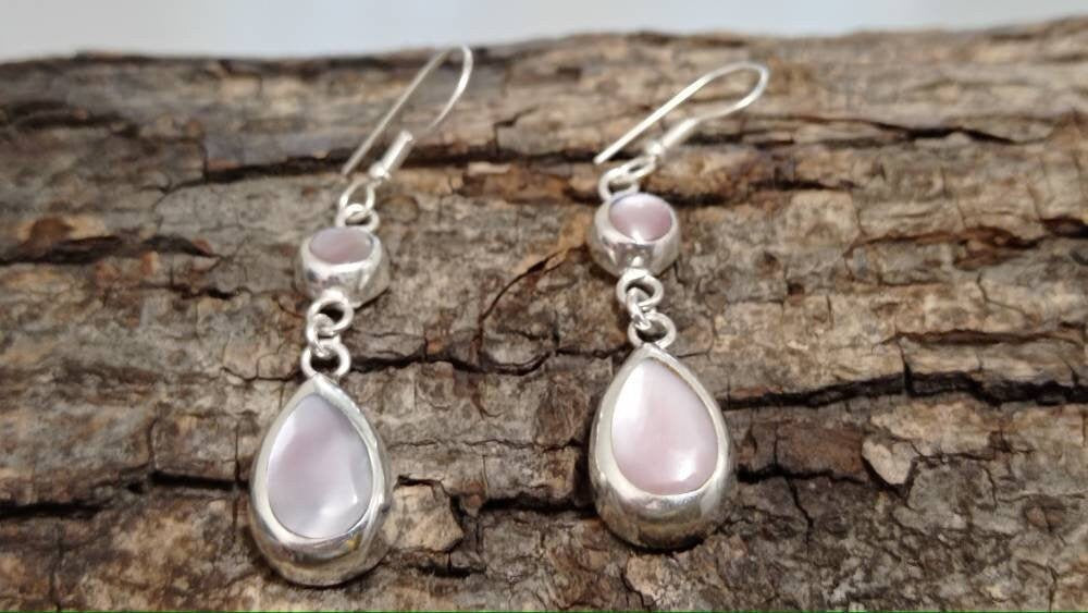 Silver Plated Mother of Pearl Earrings, Taxco Artisan Boho Chic Jewelry