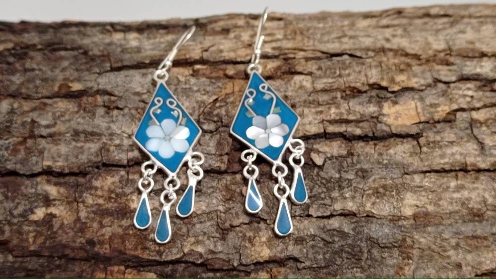 Taxco Silver Plated Boho Earrings – Mother of Pearl, Turquoise Resin Inlay