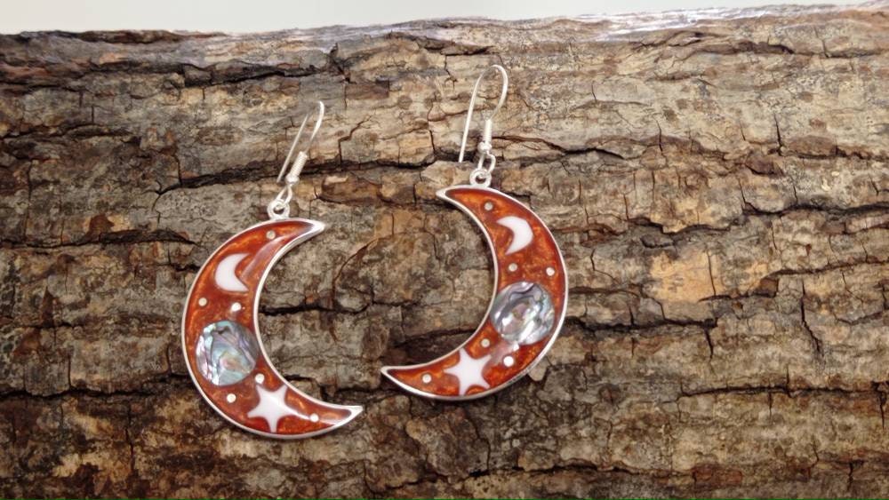 Handcrafted Silver Plated Crescent Moon Earrings: Abalone & Nacre Resin, Boho Chic Artisan Mexican Jewelry