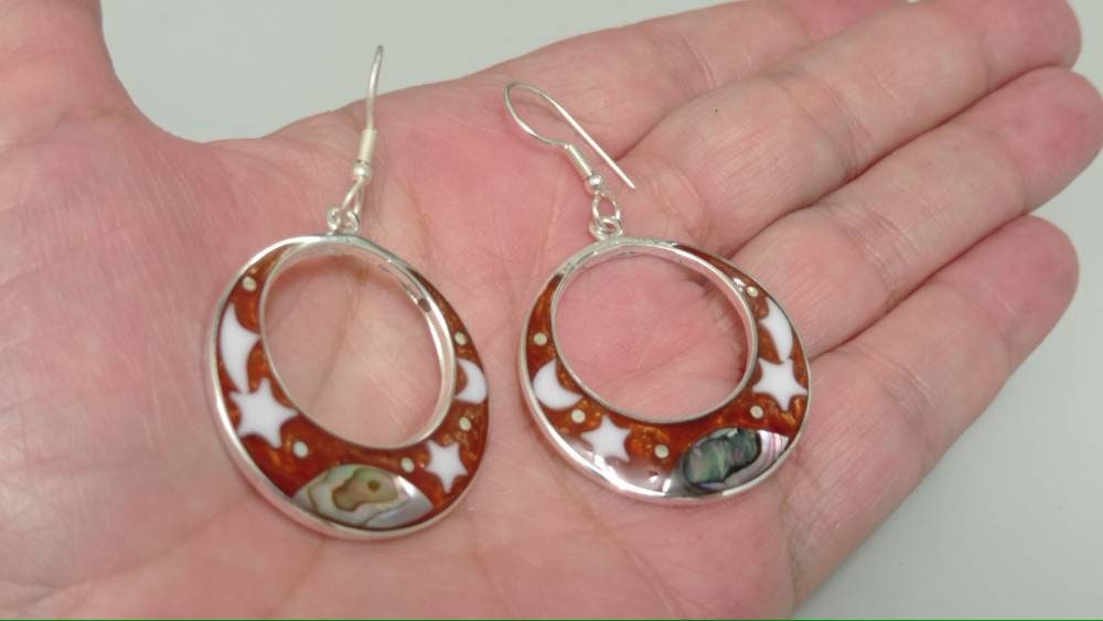 Handcrafted Silver Plated Mexican Abalone Hoop Earrings with Boho Chic Style-FREE USA SHIPPING