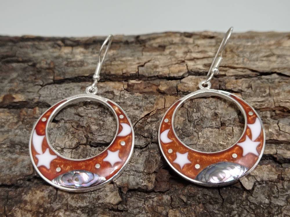 Silver Plated Celestial Earrings with Abalone Moon, Stars – Boho Chic Taxco Jewelry