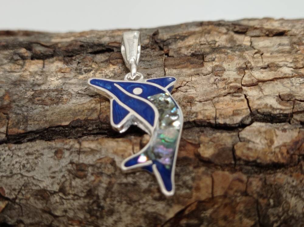 Silver Plated Abalone Dolphin Pendant – Blue Enamel Boho Chic Jewelry