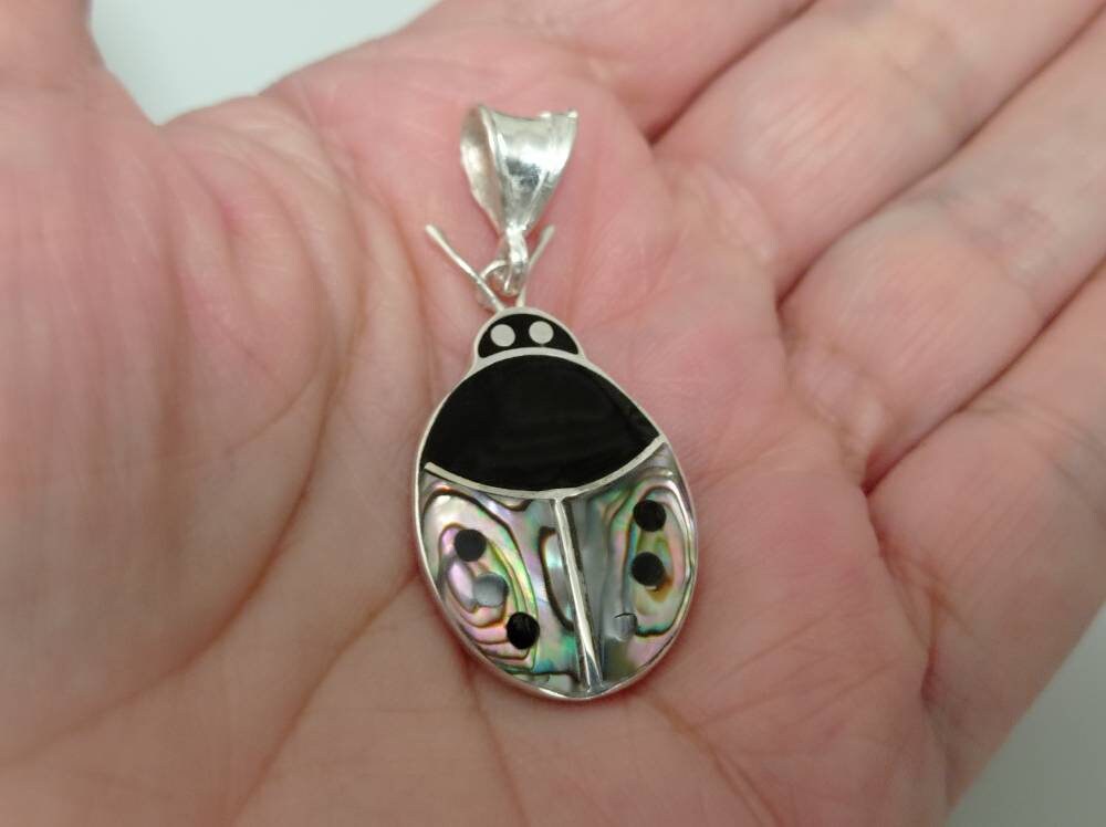 Silver Plated Abalone Ladybug Pendant – Mexican Artisan Boho Chic Jewelry