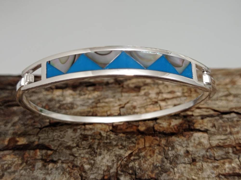 Silver Plated Abalone Geometric Blue Enamel Resin Bracelet, Taxco Mexico Boho Chic