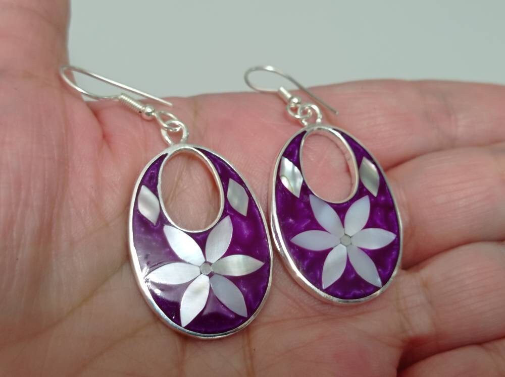 Silver Plated Floral Earrings with Mother of Pearl, Abalone Shell – Mexican Boho Chic Jewelry