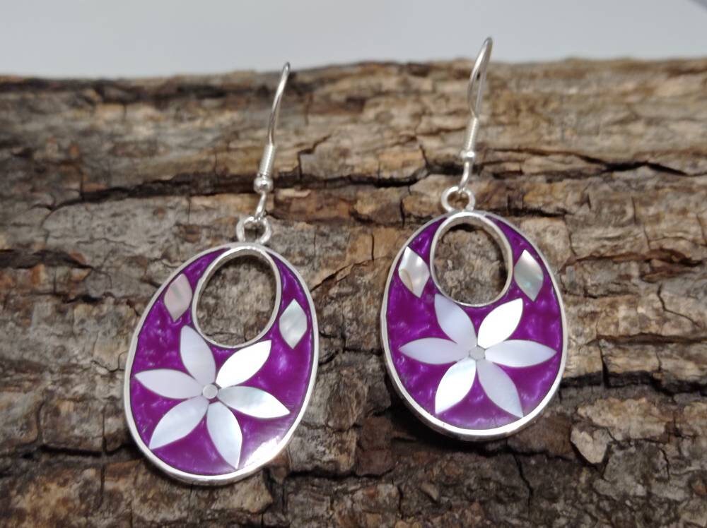 Silver Plated Floral Earrings with Mother of Pearl, Abalone Shell – Mexican Boho Chic Jewelry