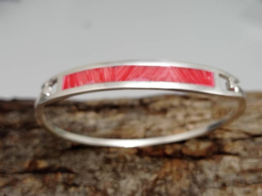 Mexican Artisan Silver Plated Salmon Enamel Boho Cuff Bracelet Unique Handmade Jewelry