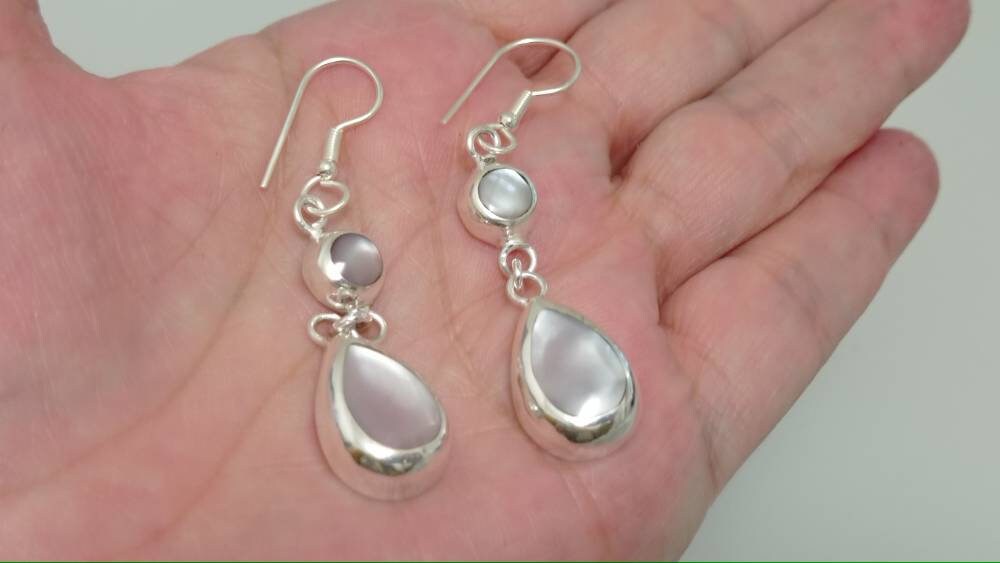 Silver Plated Mother of Pearl Earrings, Taxco Artisan Boho Chic Jewelry