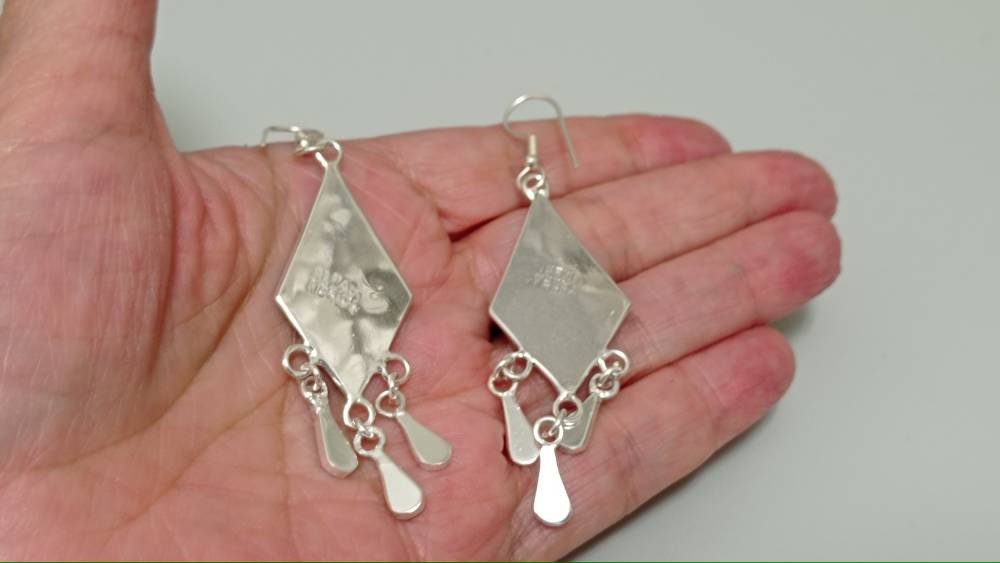 Taxco Silver Plated Boho Earrings – Mother of Pearl, Turquoise Resin Inlay