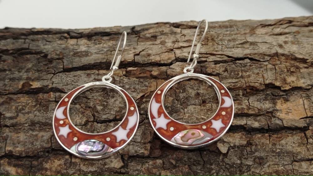 Handcrafted Silver Plated Mexican Abalone Hoop Earrings with Boho Chic Style-FREE USA SHIPPING