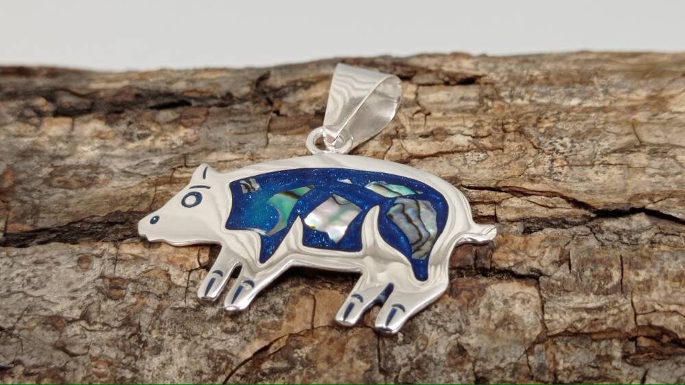 Mexican Artisan Abalone Pig Pendant: Silver Plated Boho Chic Jewelry with Enamel Effect Resin