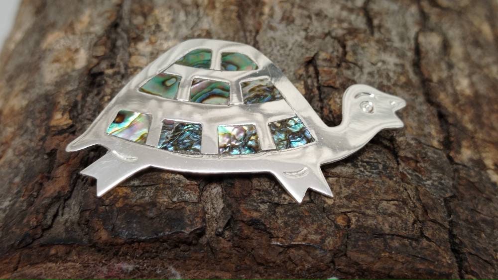 Silver Plated Abalone Shell Turtle Pendant, Aztec Boho Artisan Jewelry, Taxco Mexico