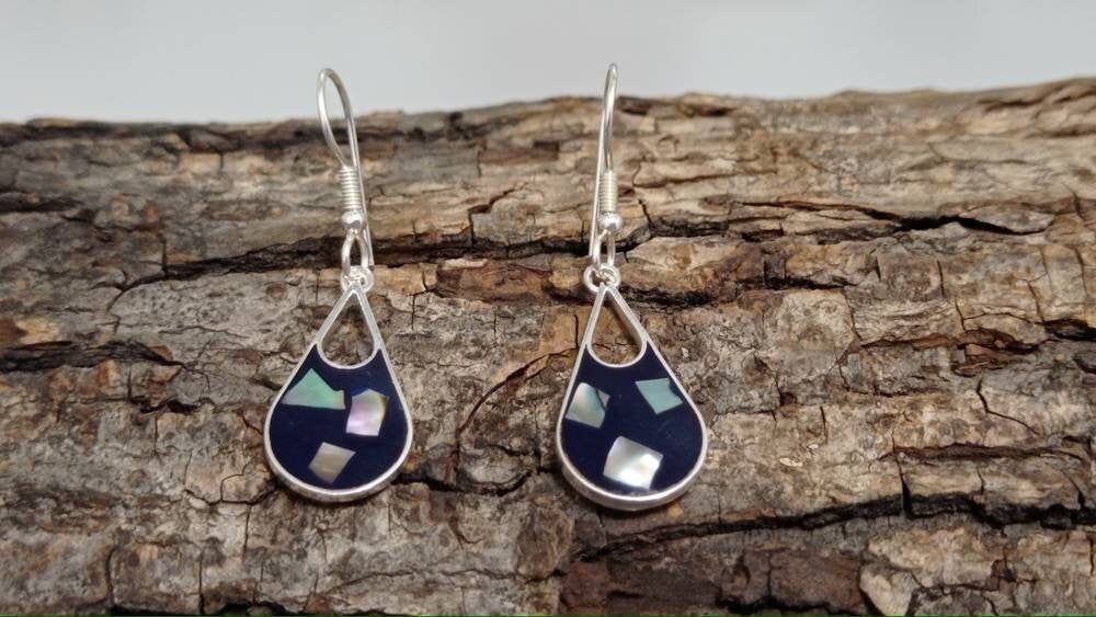 Unique Silver Plated Abalone Shell Earrings - Handcrafted Mexican Jewelry with Enamel Resin Detailing
