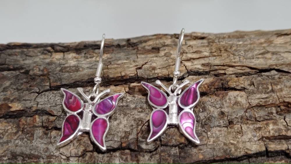 Handcrafted Pink Abalone Butterfly Earrings: Boho Silver Plated Jewelry from Mexico