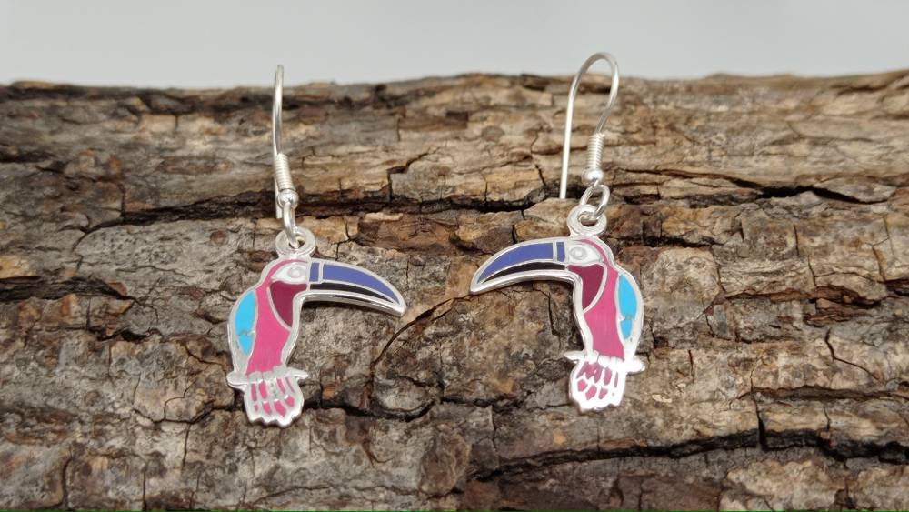 Artisan Mexican Toucan Earrings – Silver Plated Enamel Resin Jewelry