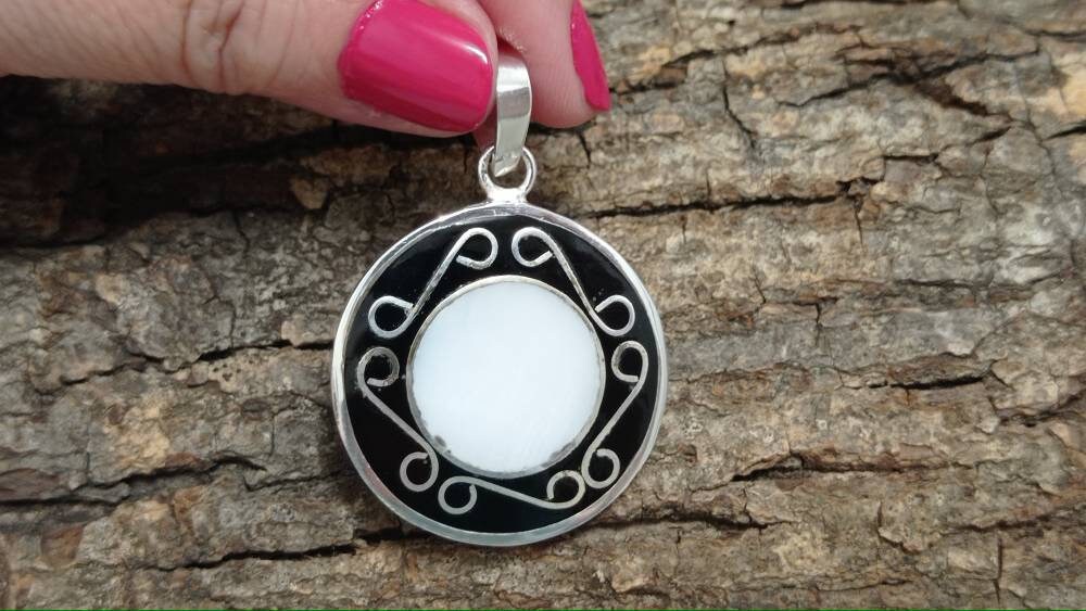 Artisan Silver Plated Pendant, Mother of Pearl Black Resin – Aztec Boho Jewelry (Taxco, Mexico)