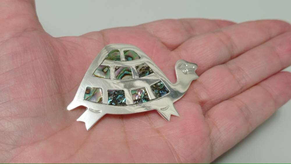 Silver Plated Abalone Shell Turtle Pendant, Aztec Boho Artisan Jewelry, Taxco Mexico