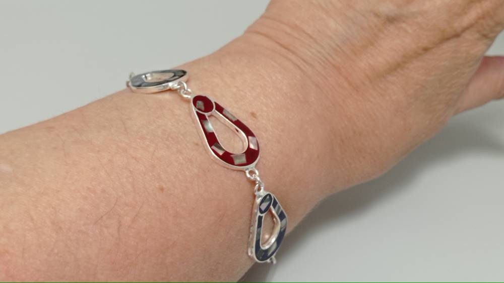 Handmade Mexican Silver Abalone Bracelet with Red and Blue Enamel Resin Design