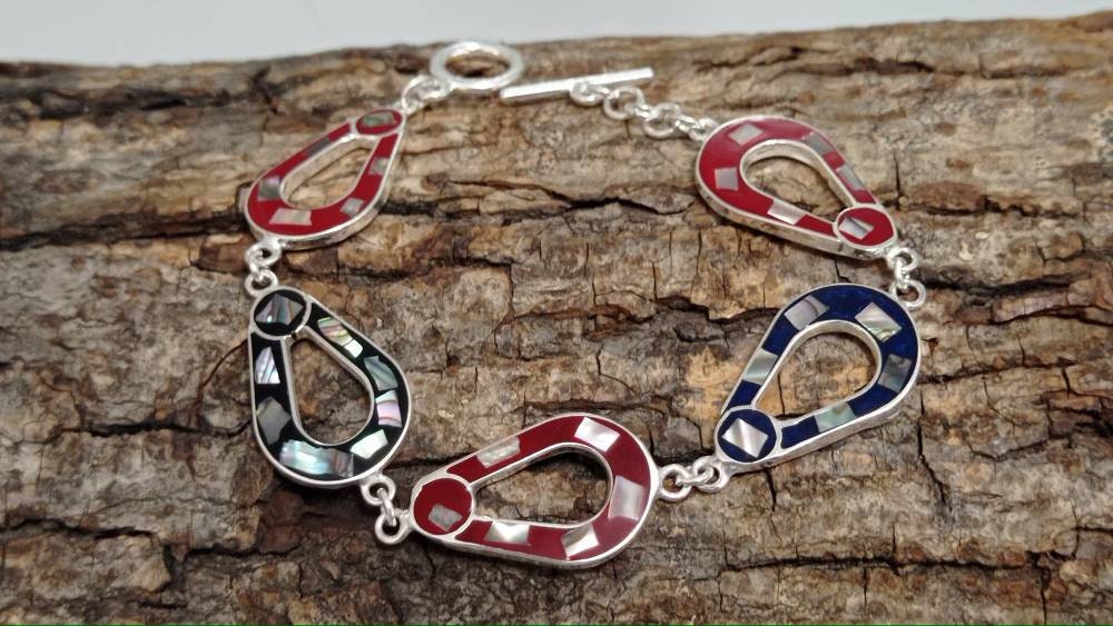 Handmade Mexican Silver Abalone Bracelet with Red and Blue Enamel Resin Design