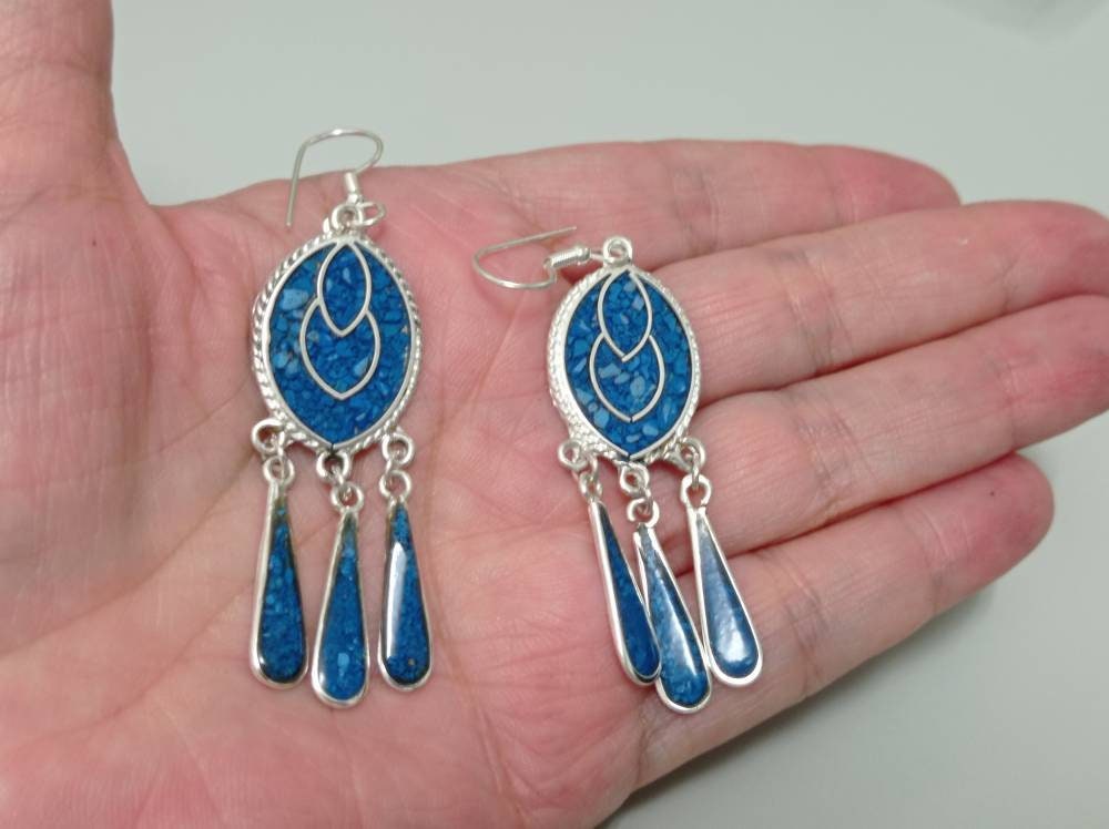 Handcrafted Mexican Artisan Silver Plated Earrings with Turquoise Inlay Tassel Embellishments